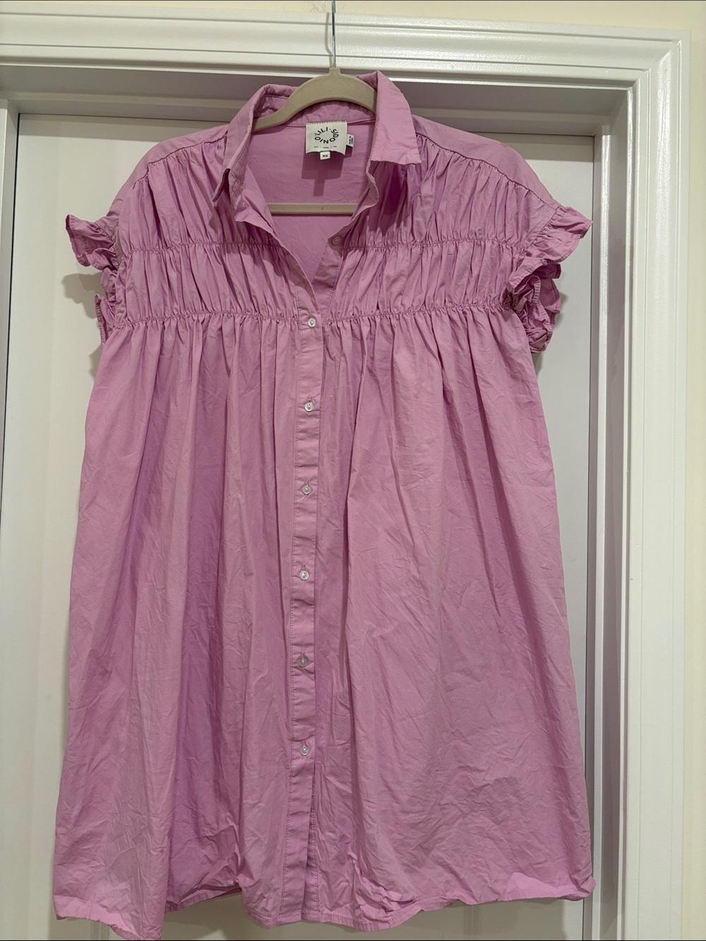 Smocked Button-Front Tunic Dress in Light Pink